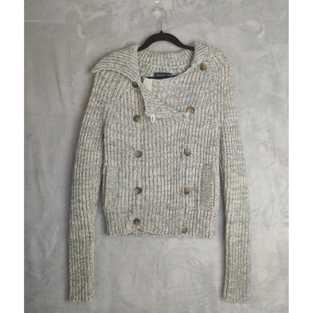 American Eagle Outfitters Womens Cardigan Sweater Knit Button Blue Cream Small